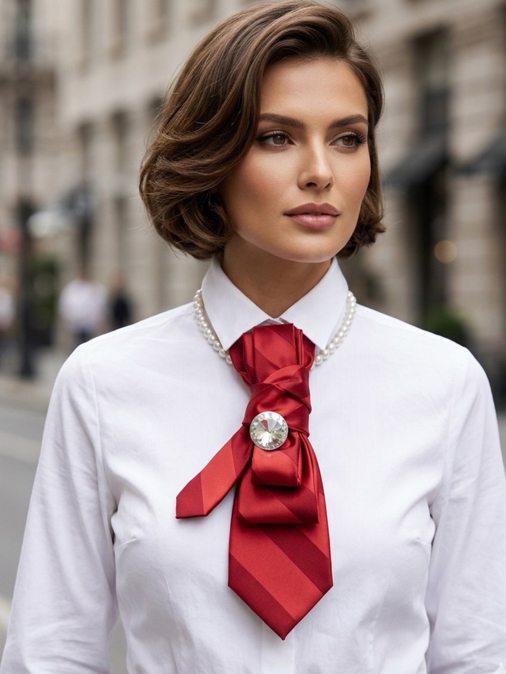 Red Satin Bow Pendant Necklace with Crystal Accent